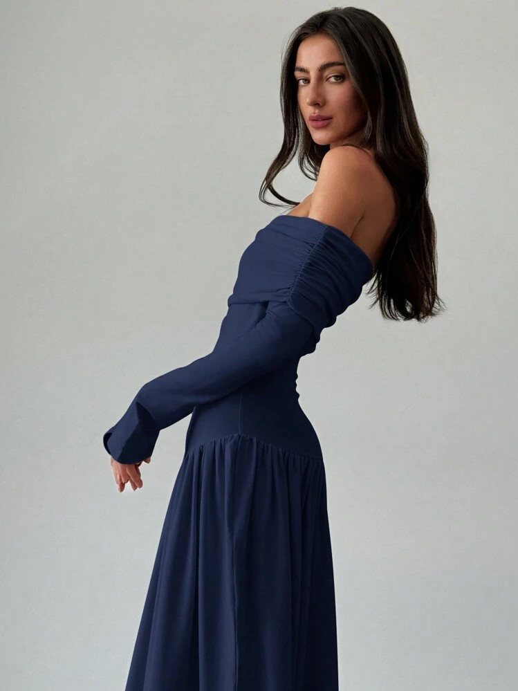 Aloruh New Solid Color Off Shoulder Cinched Waist High-Stretch Flared Dress, Figure-Flattering And Versatile For Layering, Autumn/Winter,Summer Dresses For Women,Tea Party Dress | SHEIN