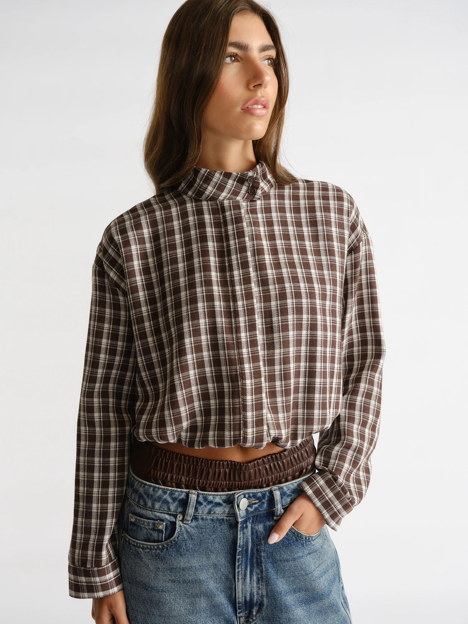 D-Luxe Check Boyfriend Shirt - WALNUT/IVORY | DECJUBA