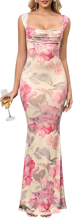HTZMO Women Floral Wedding Guest Bodycon Maxi Dress Summer Cowl Neck Formal Party Elegant Long Dr... | Amazon (US)