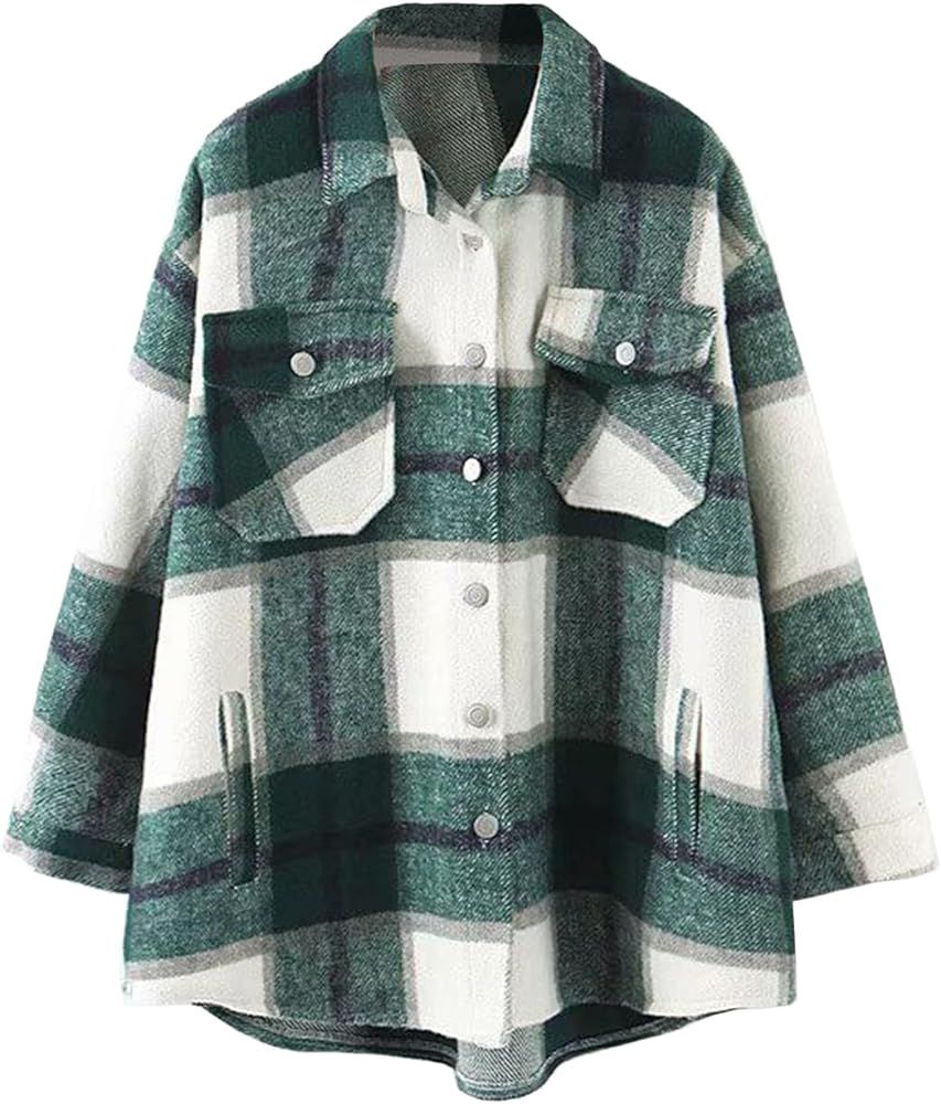 Lviefent Womens Casual Wool Blend Plaid Flannel Shackets Jacket Button Down Shirt Coat | Amazon (US)