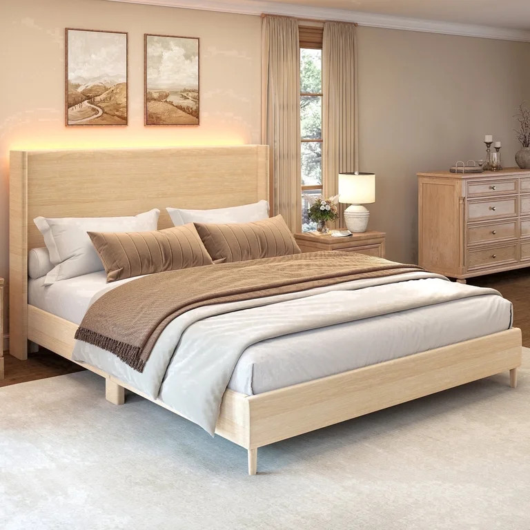 SIBEDS Full Size LED Bed Frame with Faux Leather Upholstered Modern Wingback Headboard,Solid Wood... | Walmart (US)
