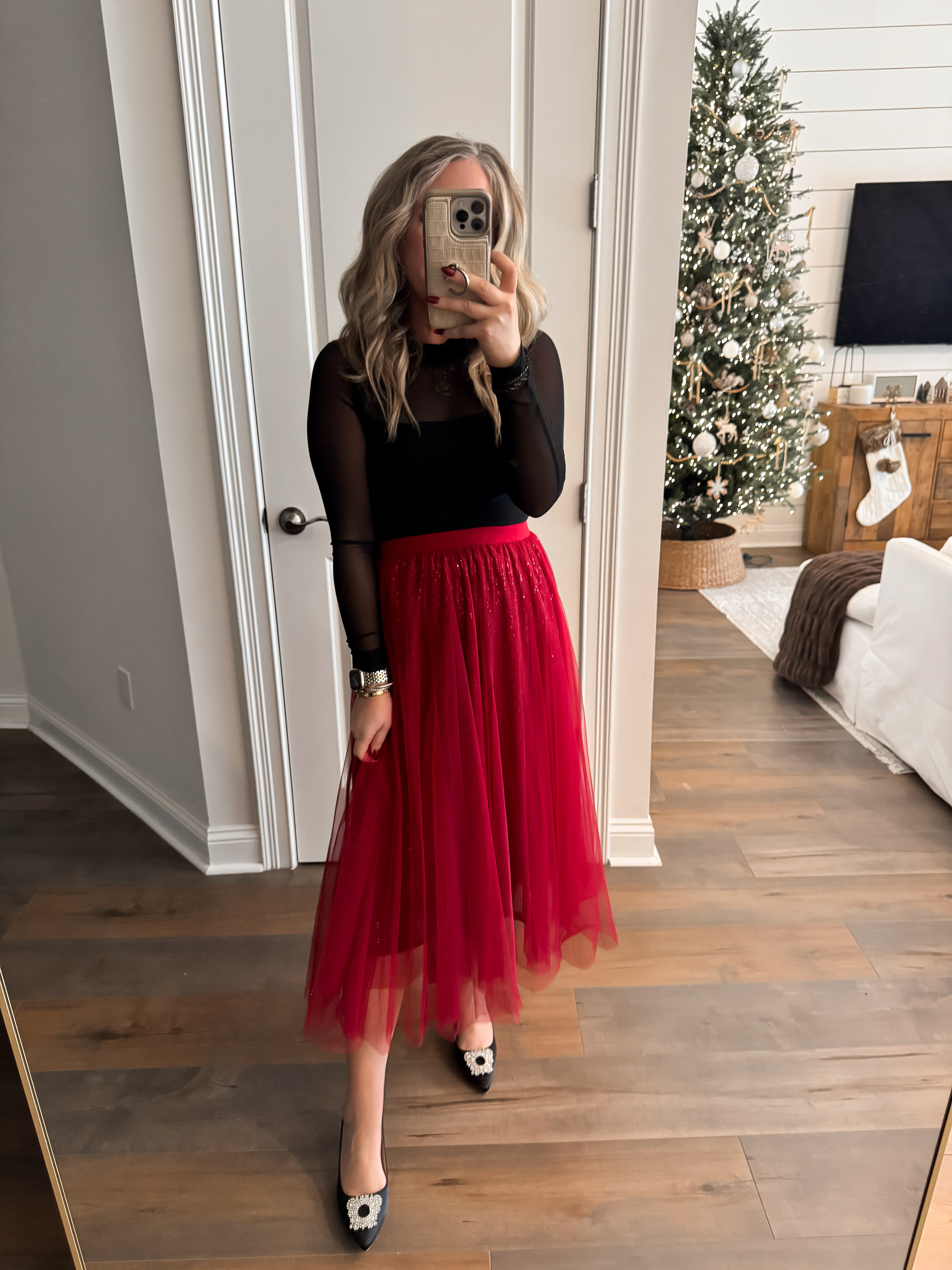 Holiday outfit ideas from Amazon 🎄 Amazon fashion, last-minute holiday look, holiday event, Christmas style, winter style, women's fashion finds, red tulle skirt, black mesh long sleeve top, date night style.  

 #LTKHoliday #LTKootd #LTKFindsUnder50