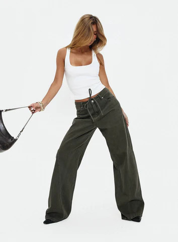 Bruiser Tie Waist Mid Rise Wide Leg Jeans Green Petite | Princess Polly US