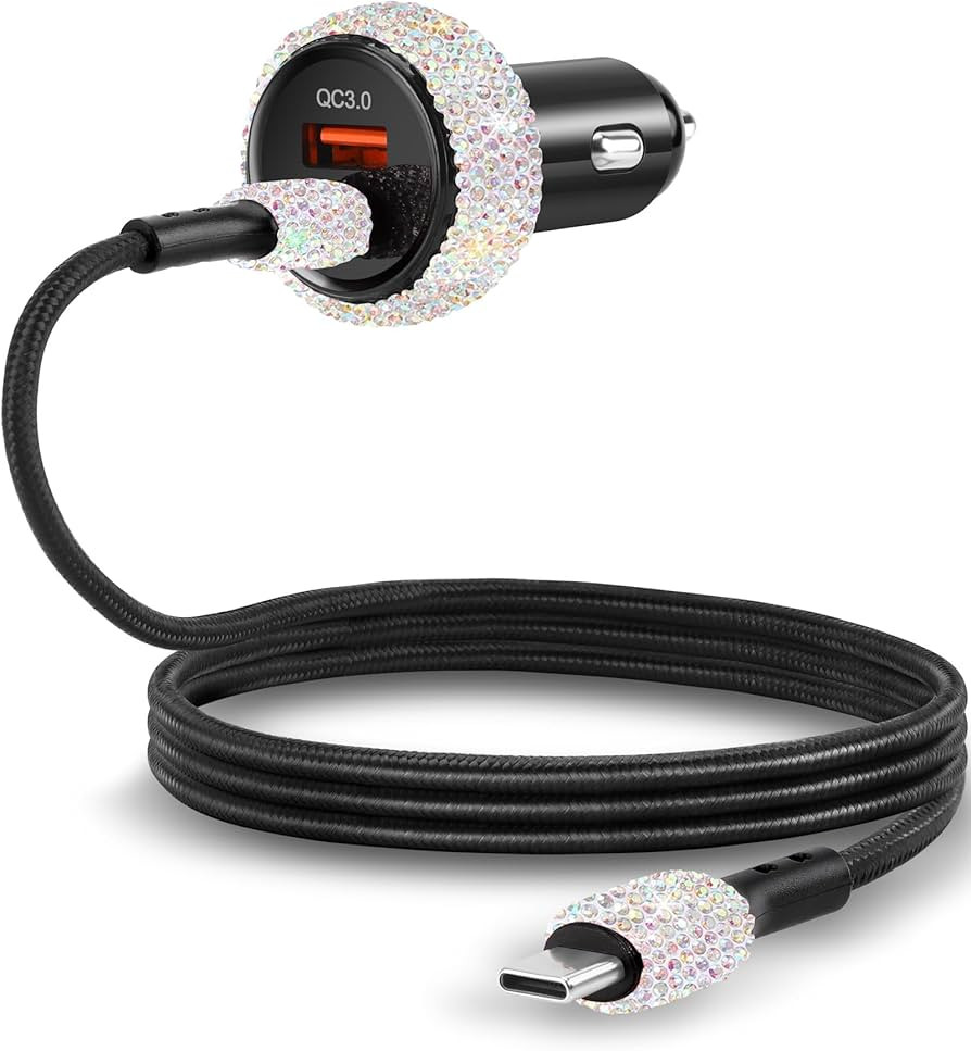 Bling USB C Car Charger, 48W USB Cigarette Lighter Dual Port Fast Charging Adapter with 3.9FT Type C Cable Compatible for iPhone 16 15 Pro Max iPad Android(Multicolor) | Amazon (US)