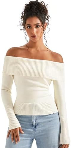 SUUKSESS Women Off Shoulder Sweaters Long Sleeve Ribbed Knit Going Out Fall Tops Blouse | Amazon (US)