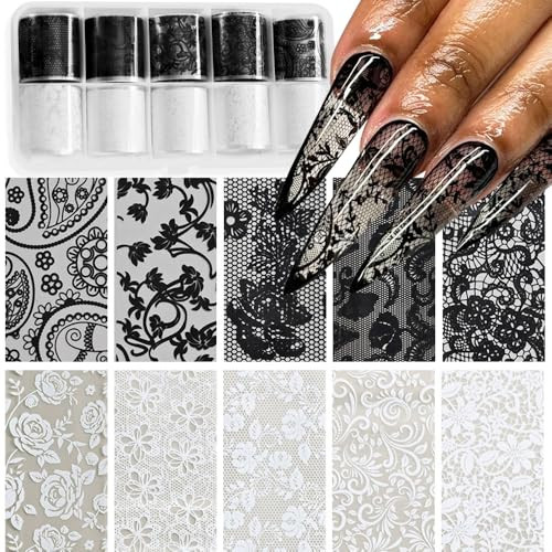 Lace Nail Foil Sheets, 10 Rolls Black White Flower Nail Foils Transfer Nail Art Stickers Holographic Foils for Nail Design Decals DIY Nail Art Supplies | Amazon (US)
