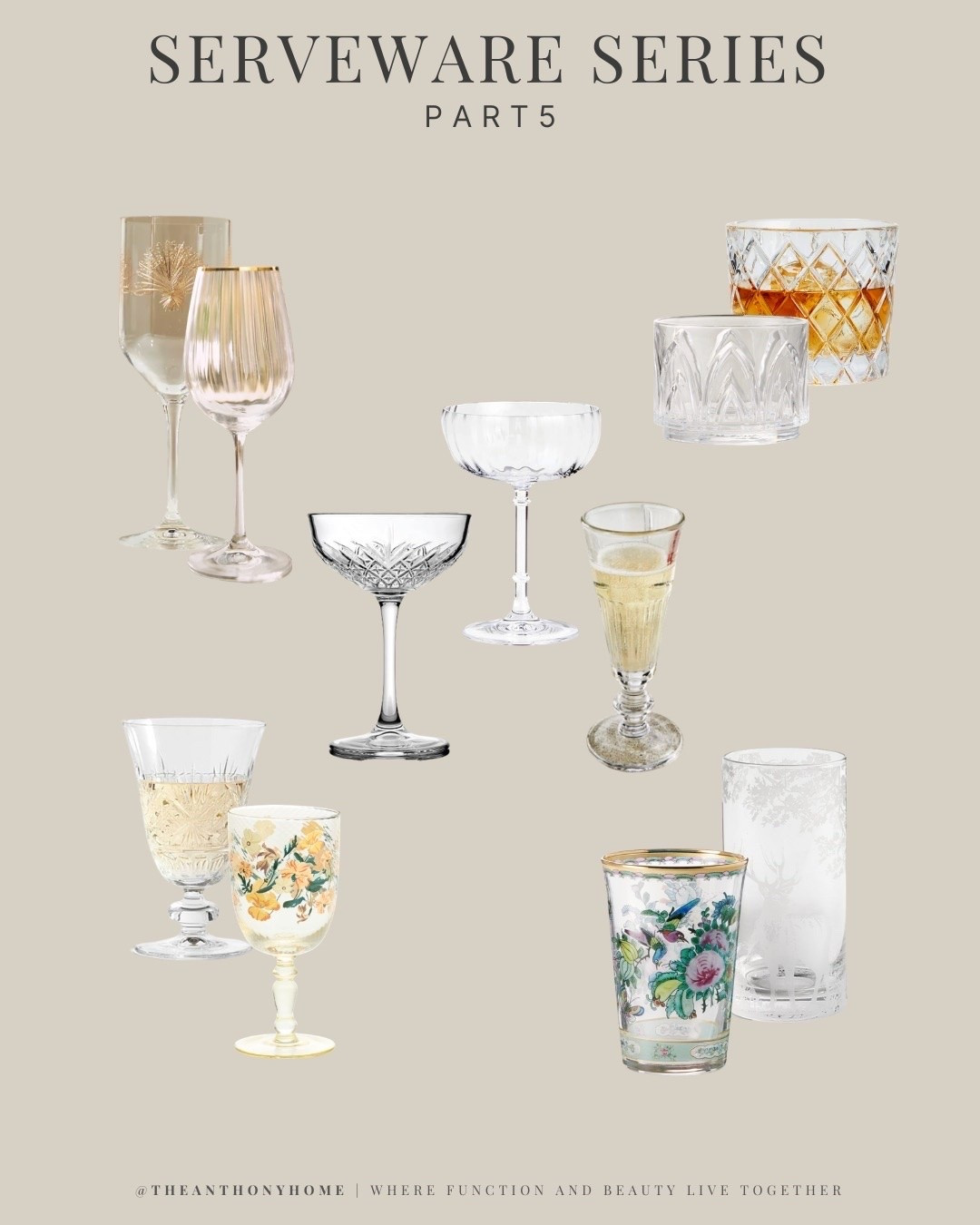 Glassware from Part 5 of my Serveware Series. 🤍

My collection has been gathered over many years of hosting and secondhand shopping, so some of these are exact matches and others are the closest dupes I could find.

I included coupe glasses for martinis and drinks served up, delicate wine glasses, rocks glasses, footed glasses for mocktails, spritzers and sangria, plus whimsical patterned glassware that makes a table feel collected and special.

#LTKHome