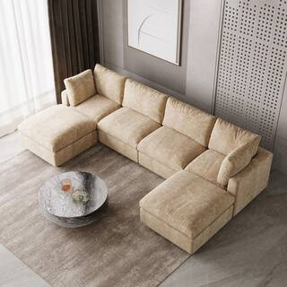 134 in. Square Arm Chenille 6-Piece U Shaped Modular Sectional Sofa with Removable Ottoman, Covers in Brown | The Home Depot