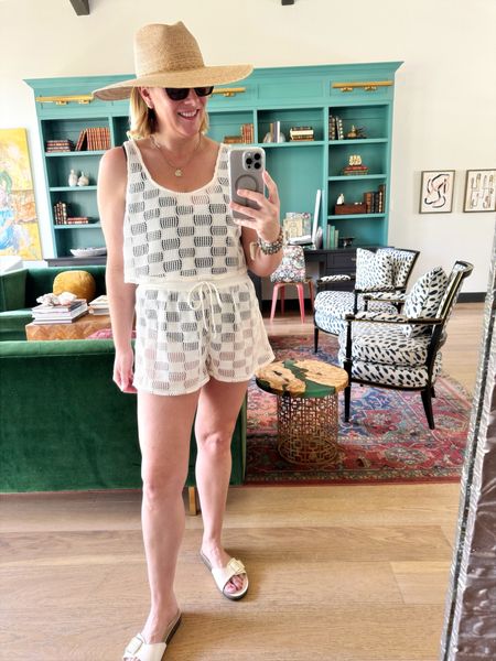 Target Summer: crochet shorts and top matching set. Loved this so much for pool gatherings this summer. 🤩 Will also link hat, sunnies and new slides.

Set runs tts- Allison in a medium. 

#LTKSwim #LTKSeasonal #LTKOver40