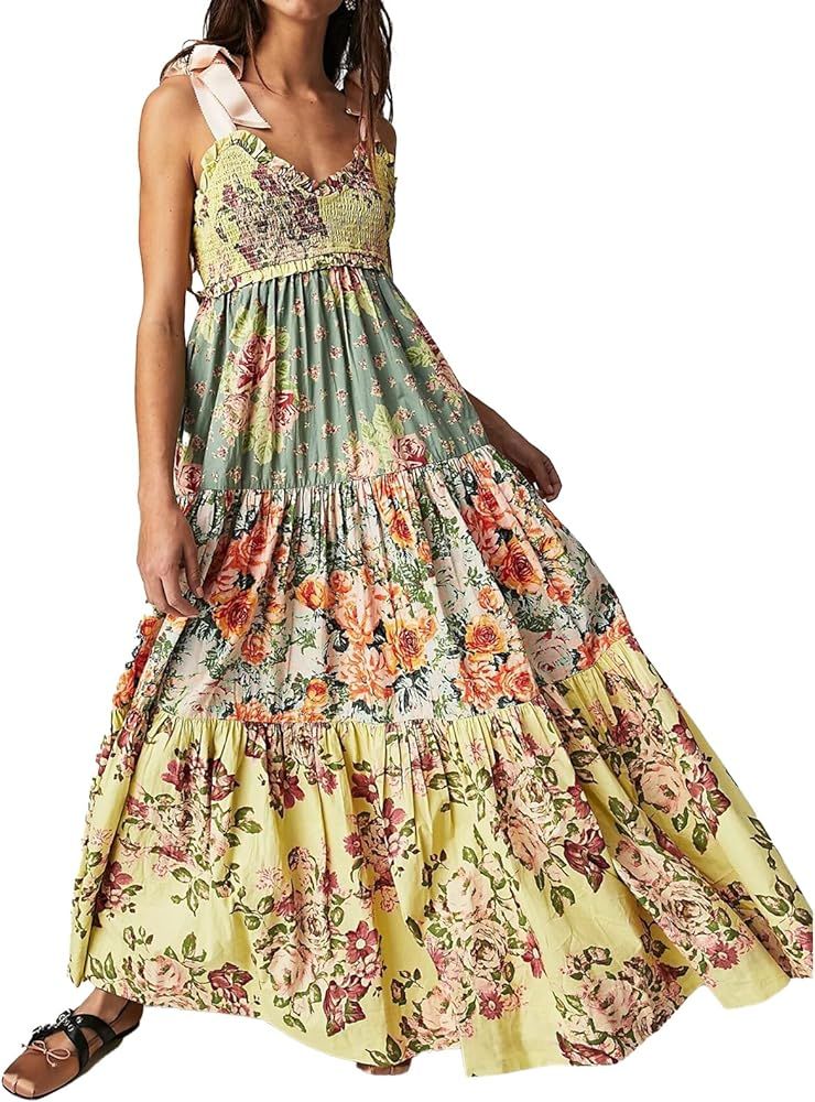 Women Floral Maxi Dress Sleeveless Tie Shoulder Bohemian Flowy Smocked Dresses Casual Spring Summ... | Amazon (US)
