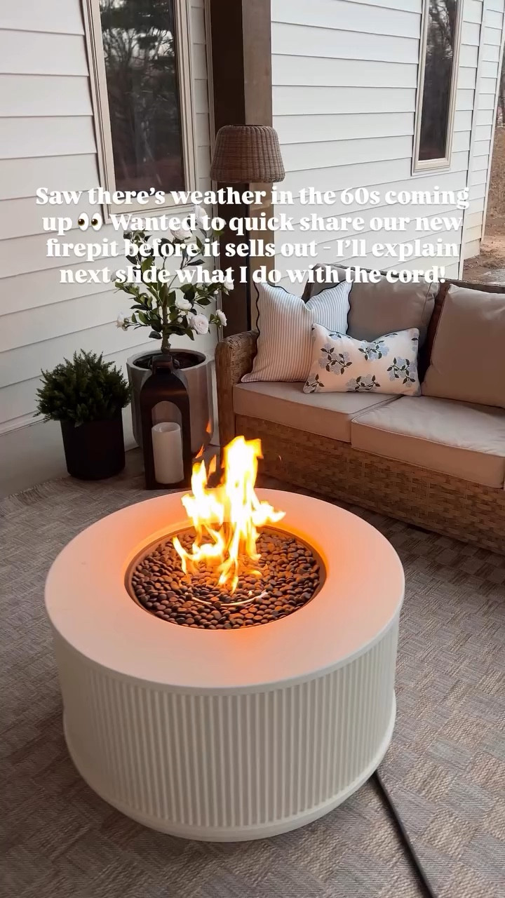 Saw there’s weather in the 60s coming up 👀 Wanted to quick share our new firepit before it sells out - I’ll explain next slide what I do with the cord!