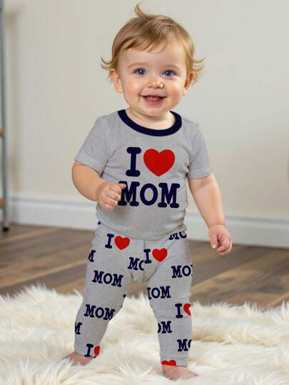 Mother's Day Themed Grey Casual Slim Fit Round Neck Short Sleeve Top And Pants Home Outfit For Ba... | SHEIN