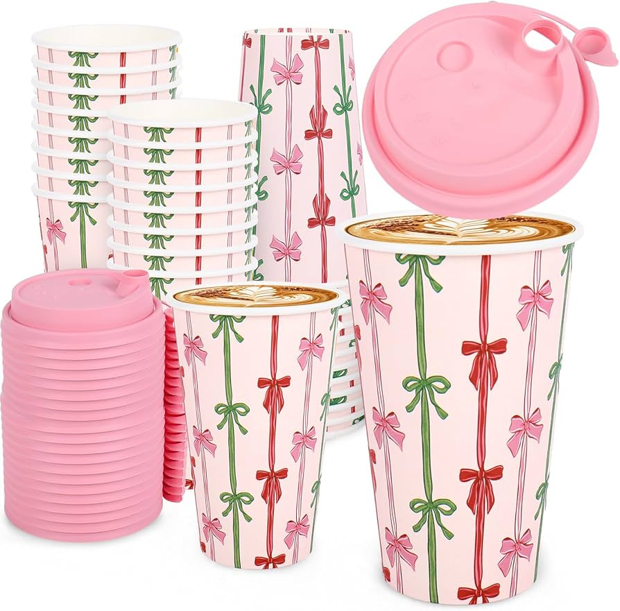 Whaline 50 Set Christmas Disposable Coffee Cups with Lids Pink Red Green Bow Paper Cup Holiday Dr... | Amazon (US)