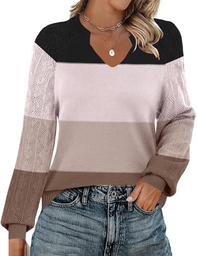 Zeagoo Womens 2025 Fall Sweaters Casual Long Sleeve V Neck Loose Lightweight Crochet Knit Pullover Sweater Tops | Amazon (US)