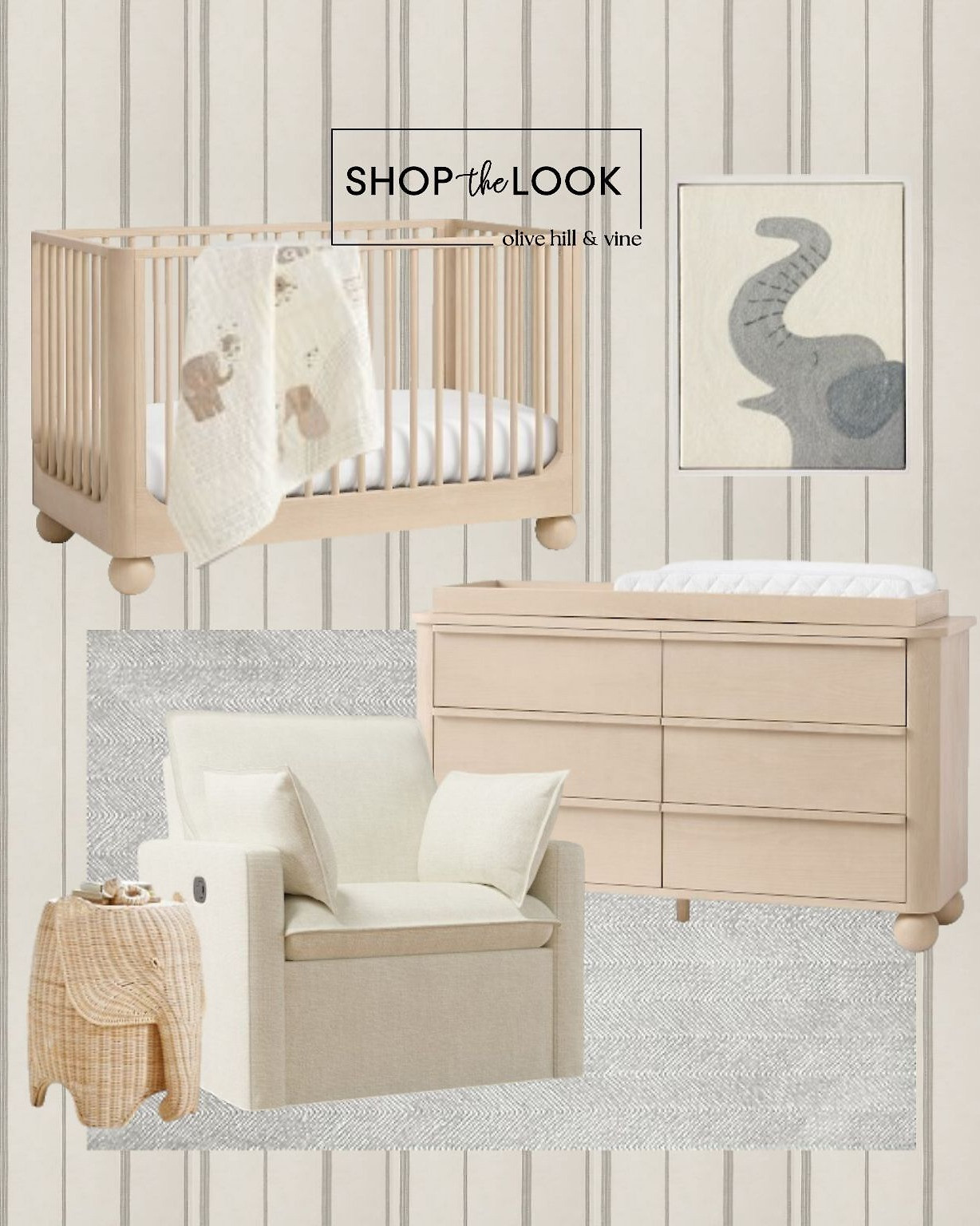 We designed this elephant-themed nursery with thoughtful details, and we love how it came together! Striped walls add subtle texture, complementing a convertible crib with spherical accents and a matching dresser. A wicker elephant side table and felted wall art complete the look.  

 

#LTKHome #LTKBaby #LTKBump