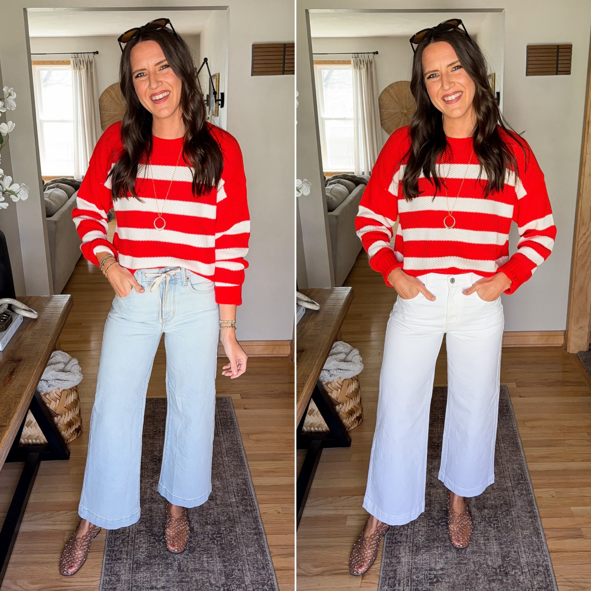 Wide leg crop jeans. Wearing a 27 long. Size large sweater. 