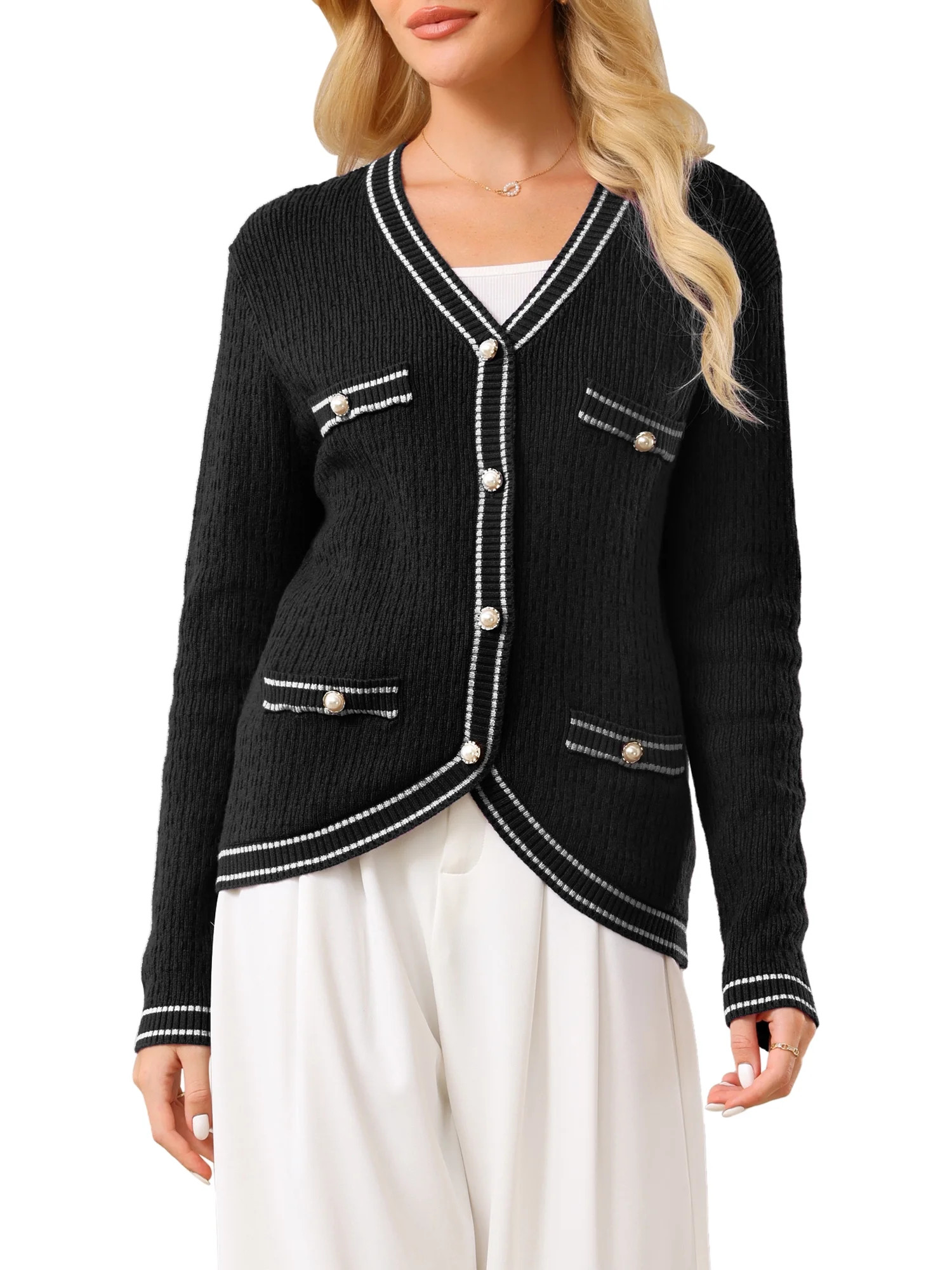 INSPIRE CHIC Women's V Neck Cardigan Sweater Long Sleeve Contrast Trim Knit Ribbed Jacket S Black | Walmart (US)