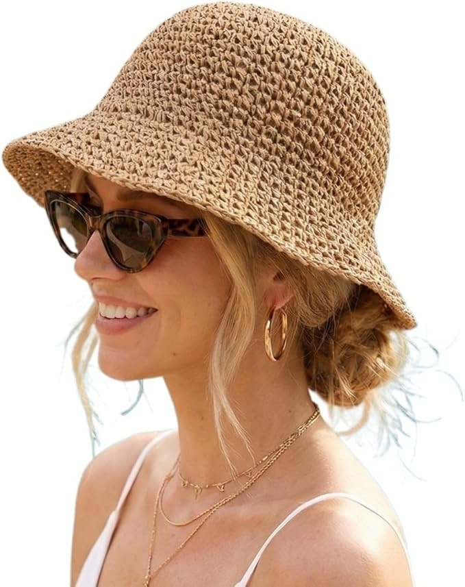 Women Straw Sun Hat Packable Foldable Floppy Wide Brim Beach Bucket Hat UV Protection Travel Vaca... | Amazon (US)