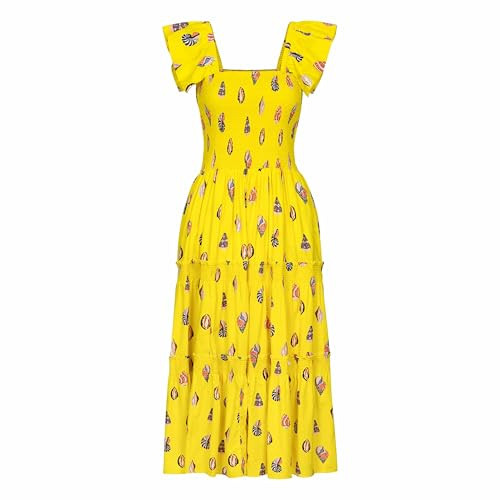 Shell Rio Dress for Women – Lightweight Cotton Summer Sundress with Shell Print, Adjustable Straps, Pockets, Midi Length, Vacation Beach Casual Dress, S Yellow | Amazon (US)