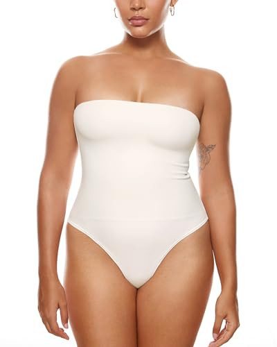 INLYRIC Women's Natrelax Sexy Strapless Bodysuit Thong Tube Top Off The Shoulder One Piece Leotard White Apricot Small | Amazon (US)