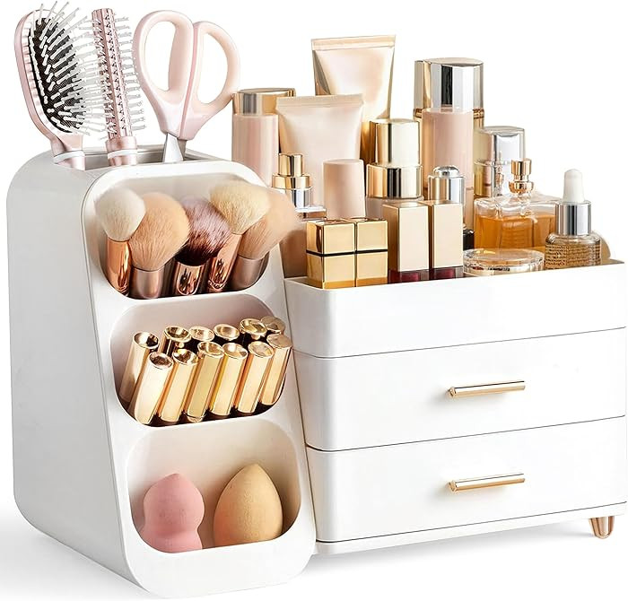 HBlife Makeup Organizer with Brush Holder for Vanity, Large Plastic Bathroom Countertop Organizer... | Amazon (US)