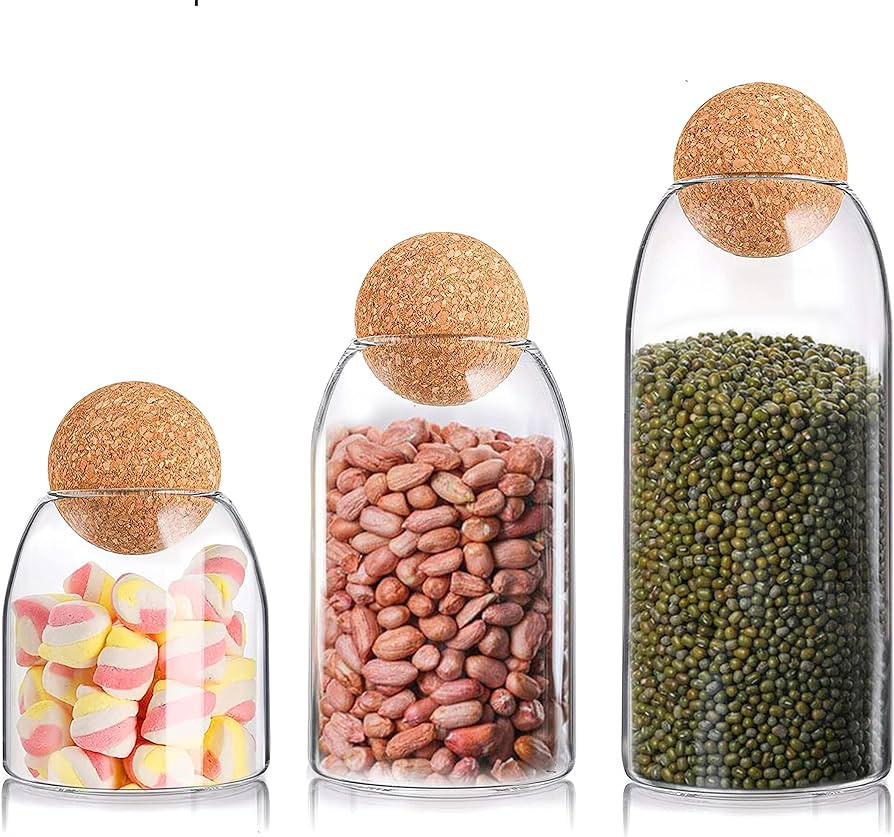 Glass Jar with Cork Lids Set of 3 Clear Canisters with Round Cork Ball Lids Decorative Cookie Jar... | Amazon (US)
