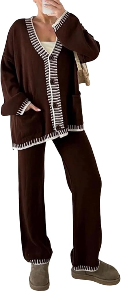 Women’s 2 Piece Outfits Lounge Set Knit Cardigan Sweater and High Waist Pants Matching Loungewe... | Amazon (US)
