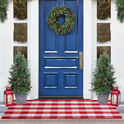 Christmas Red and White Plaid Rug 3 x 5 Ft, Hand-Woven Indoor/Outdoor Layered Cotton Blend Buffal... | Amazon (US)