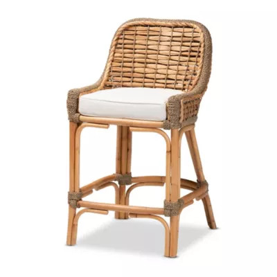 Baxton Studio Kyle Modern Bohemian Natural Brown Woven Rattan Counter Stool with Cushion | Belk