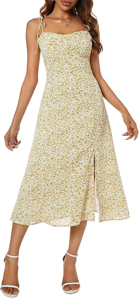 Women's Spaghetti Sleeveless Tie Shoulder Floral Print Strappy Sundress Casual Midi Dress | Amazon (US)