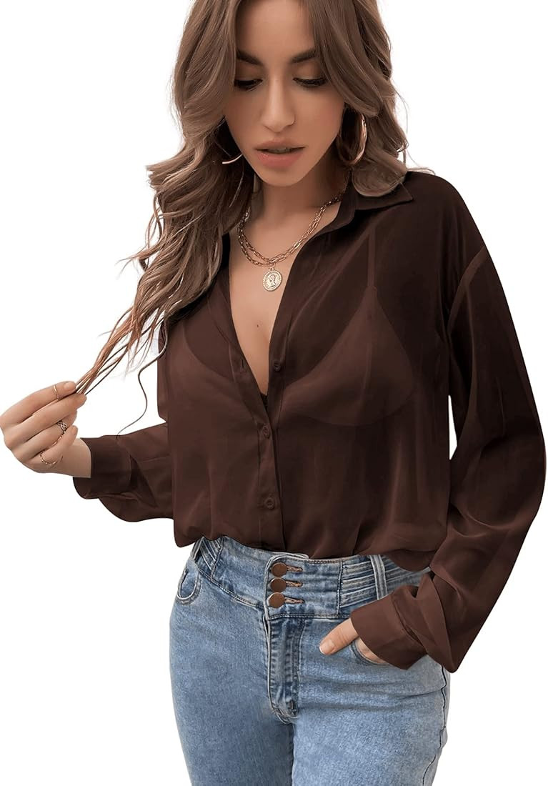 Verdusa Women's Sheer Mesh Button Down Shirt Top Long Sleeve Drop Shoulder Blouse | Amazon (US)