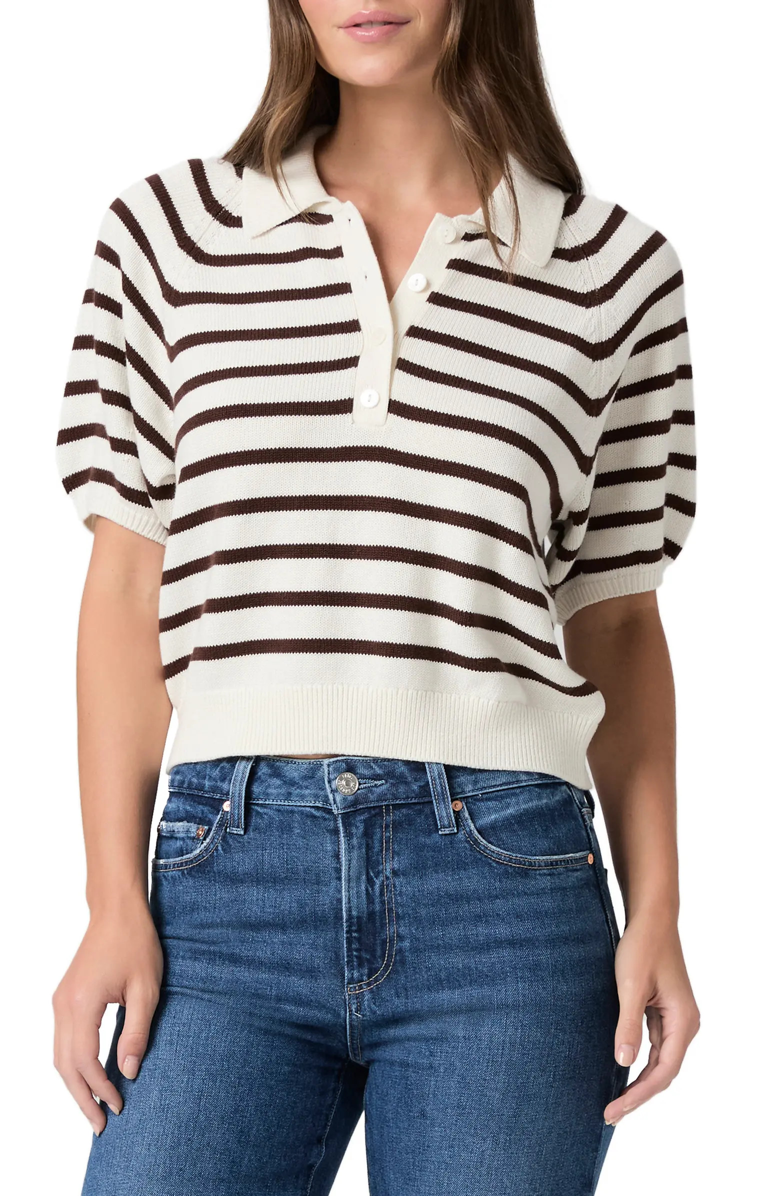 PAIGE Birch Stripe Short Puff Sleeve Polo Sweater | Nordstrom | Nordstrom