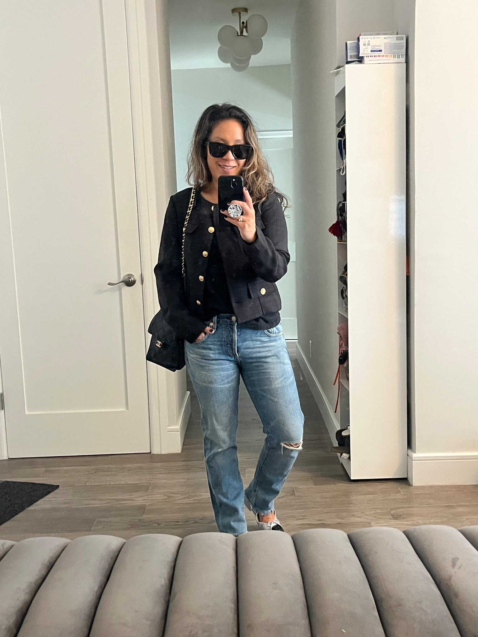 Fall layers.  Polished look with next to zero effort. Black cropped jacket. Steal of a deal. School drop-off look with an pair of denim jeans. This emerson cut is my favorite. Not too skinny. Not too wide. Can swap out the jeans for a pair of trousers if you want an easy office look. 

#LTKStyleTip #LTKWorkwear #LTKFindsUnder50