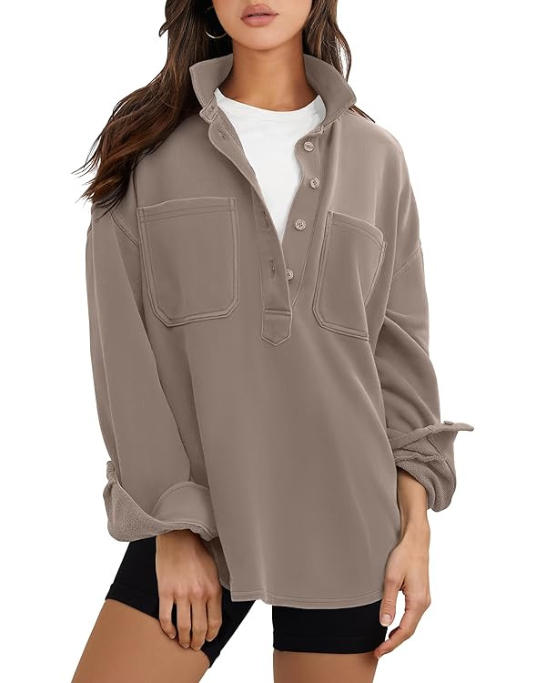 ANRABESS Sweatshirt for Women Oversized Casual Long Sleeve Side Slit Button Lapel Polo Pullover T... | Amazon (US)