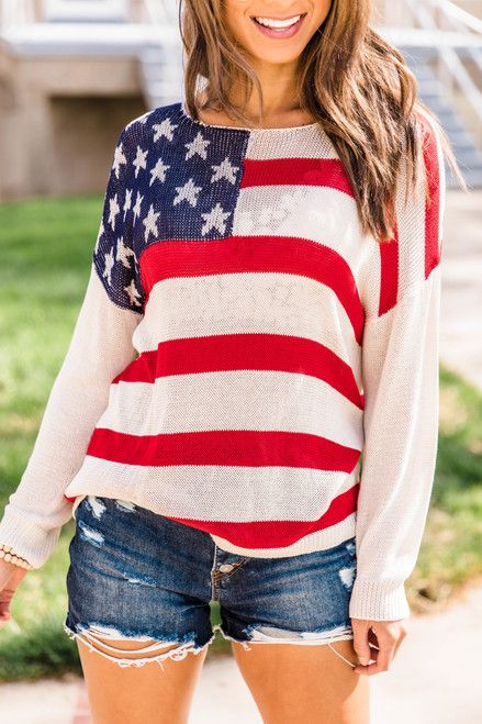 Blissful Freedom Flag Printed Sweater | The Pink Lily Boutique