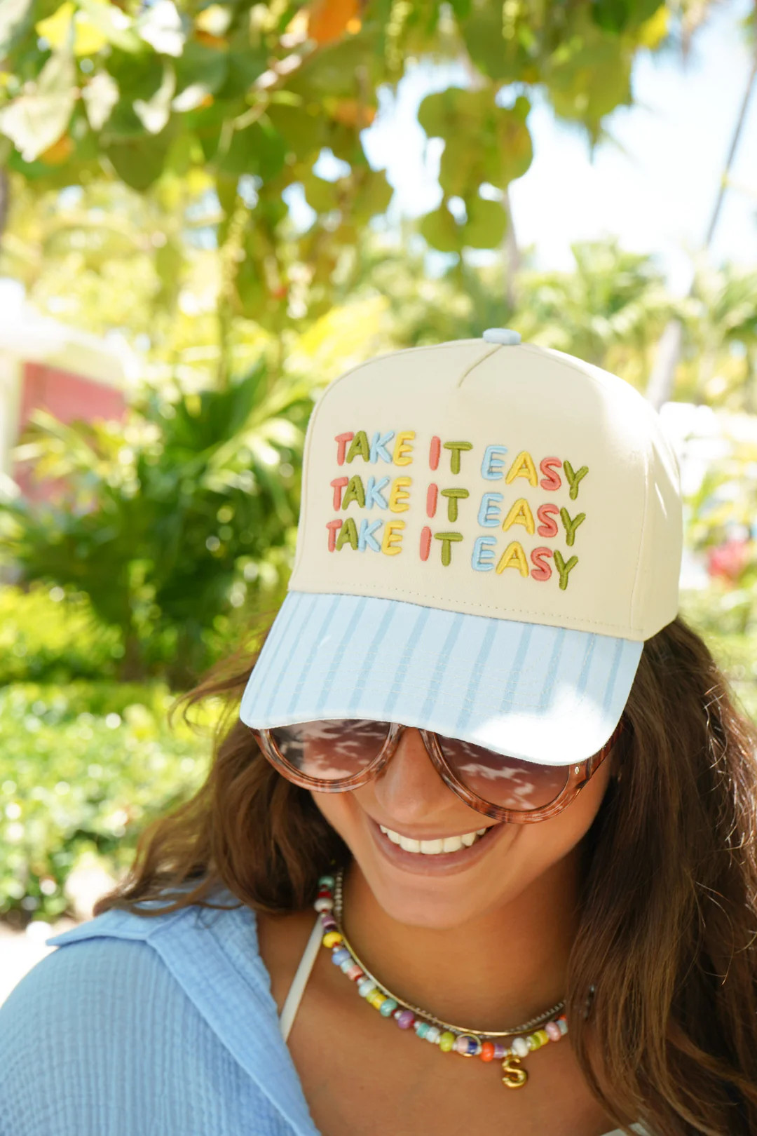 Take it Easy - Blue Striped Trucker Hat | KenzKustomz
