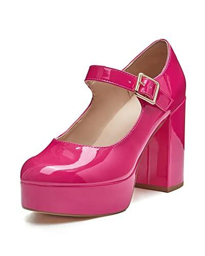 Coutgo Mary Jane Shoes Women Hot Pink Platform Heels for Women Patent Chunky Heels | Amazon (US)