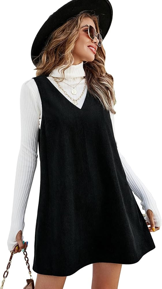 COZYEASE Women's V Neck Corduroy Pinafore Overall Sleeveless Corduroy Flared Hem Corduroy Dress W... | Amazon (US)