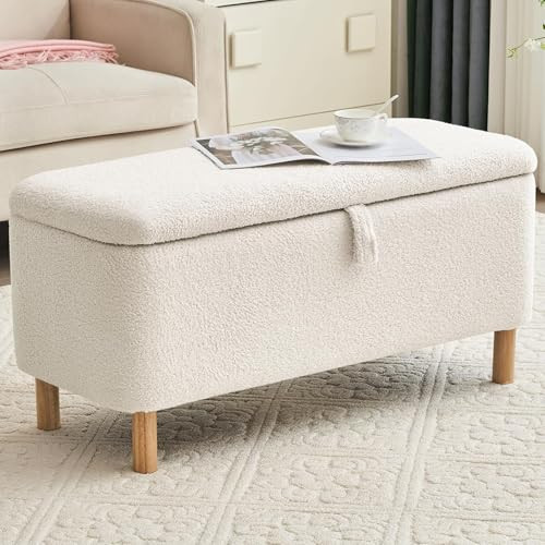 Boucle Storage Ottoman Bench for Bedroom end of Bed, Sherpa Upholstered Shoe Seat Storage Beach for Entryway Bed Foot, Rectangle Cushion Padded Blanket Chest Cute for Living Room, White | Amazon (US)