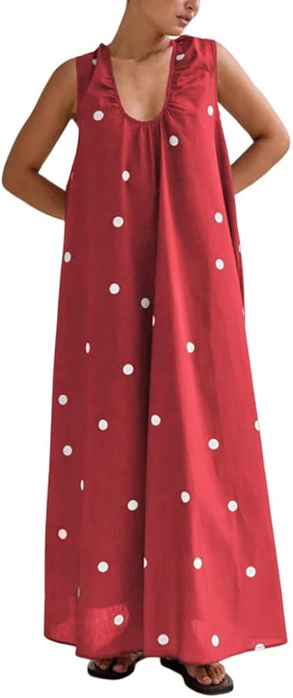 chouyatou Women's Boho Polka Dot Maxi Dress Sexy U Neck Pleated Swing Beach Party Tank Sun Long D... | Amazon (US)