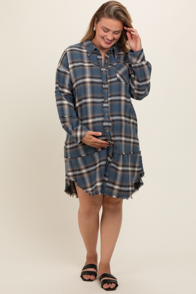 Blue Plaid Button Down Raw Hem Plus Maternity Dress | PinkBlush Maternity