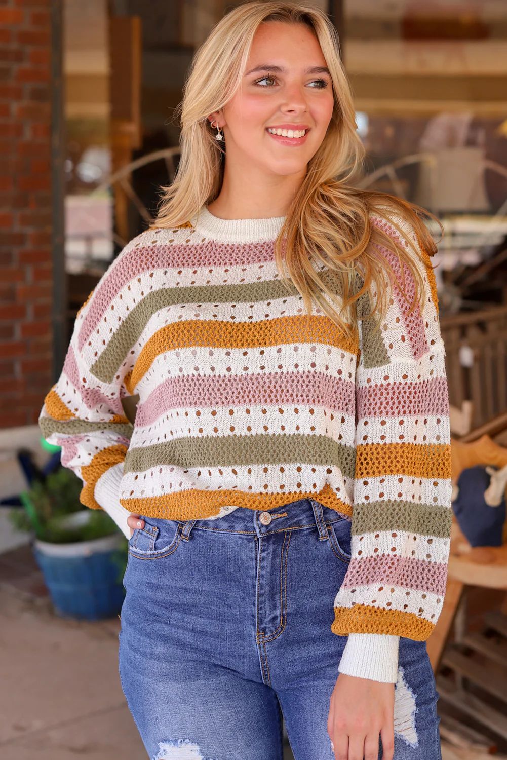 Caroline Striped Hollowed Knitted Loose Sweater | Threaded Pear