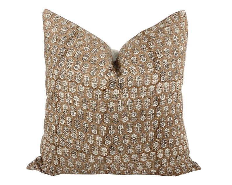 MARGEAUX TAN  Designer Camel Floral Linen Pillow Cover Block - Etsy | Etsy (US)