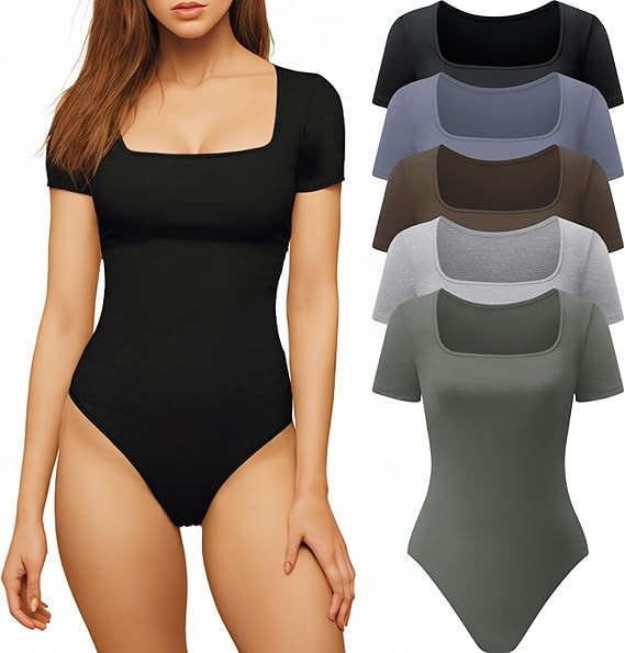 CE' CERDR Women’s 5 Pack Short Sleeve Bodysuits Square Neck T-shirt Basic Casual Tops Body suit | Amazon (US)