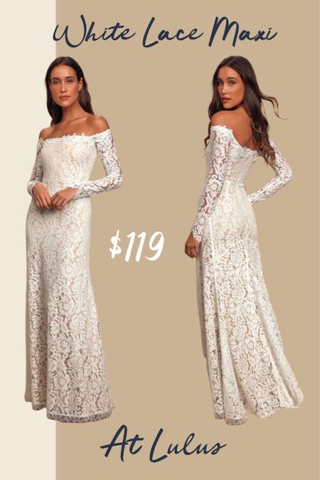 White lace off shoulder maxi at Lulus. More affordable white dresses below.

#weddingdresses #bridaldresses #occasiondresses #fulllengthdresses #summerdresses

#LTKSeasonal #LTKwedding #LTKstyletip