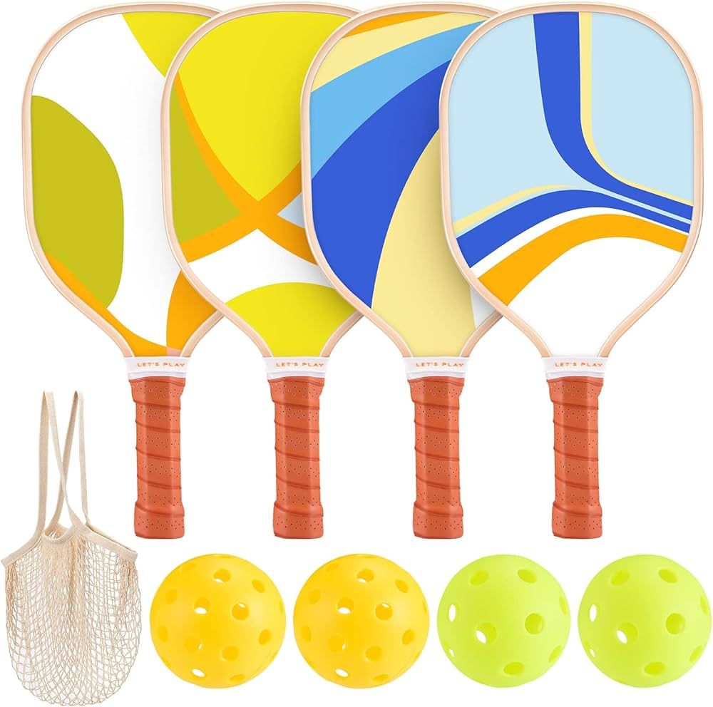 Sprypals Pickleball Paddles, Premium Wood Pickleball Set of 4 with 4 Balls and 1 Carry Bag Picklebal | Amazon (US)