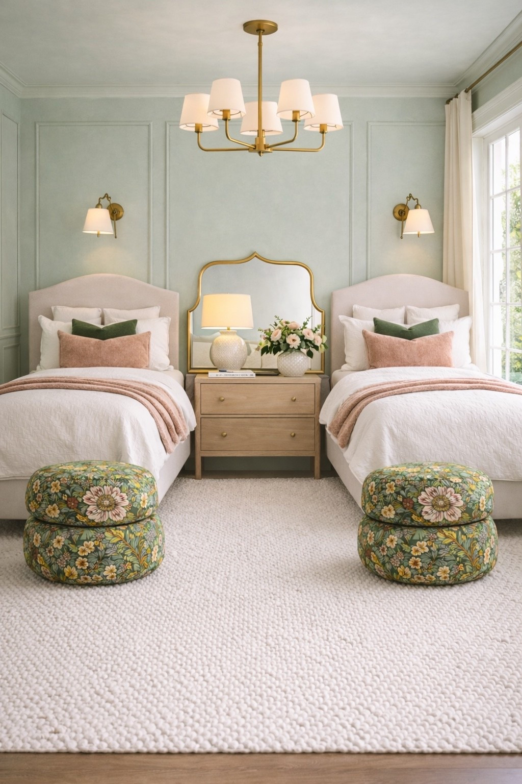 I designed this shared bedroom to feel soft, calm, and layered. 🌿

The walls are painted Contented by Sherwin-Williams (SW 6191), a muted sage green that brings a fresh and soothing feel to the space. Paired with blush accents, warm brass lighting, and these floral ottomans, the room feels cozy, balanced, and timeless.



Shared bedroom 
Anthropologie home 
Home decor 


#LTKHome