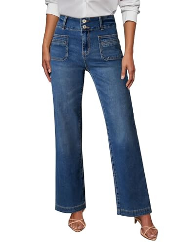 Sidefeel Women's Jeans Wide Leg High Waisted Straight Leg Fall Outfit Stretchy Denim Pants Blue Size 6 | Amazon (US)