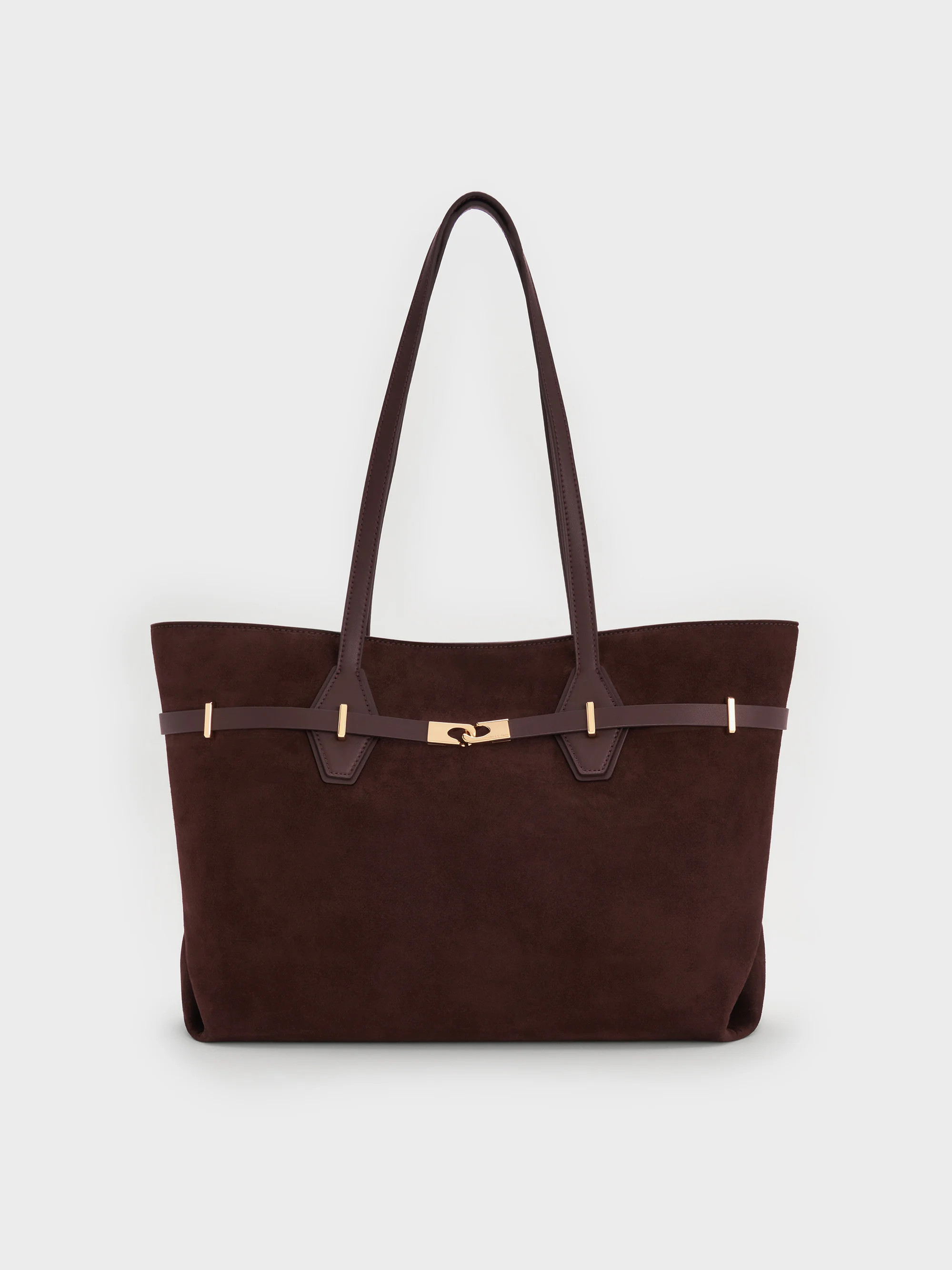 Espresso Brown Arlet Recycled Suede Double-Handle Belted Tote Bag | CHARLES & KEITH UK | Charles & Keith UK