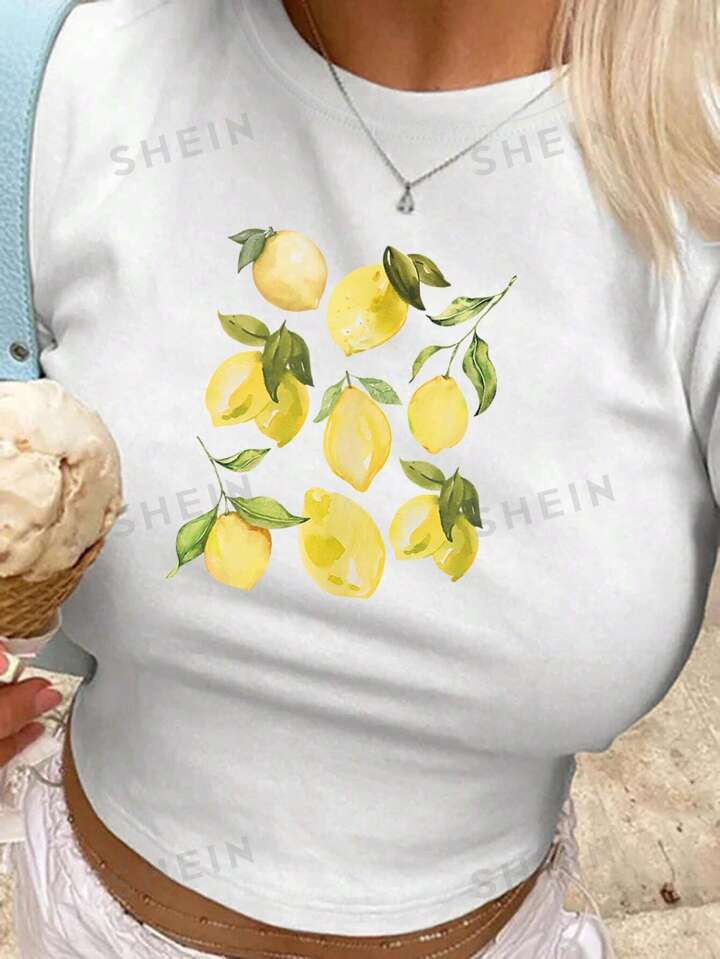 SHEIN EZwear Plus Size Round Neck Lemon Fruit Print Crop Top Short Sleeve T-Shirt, Summer | SHEIN